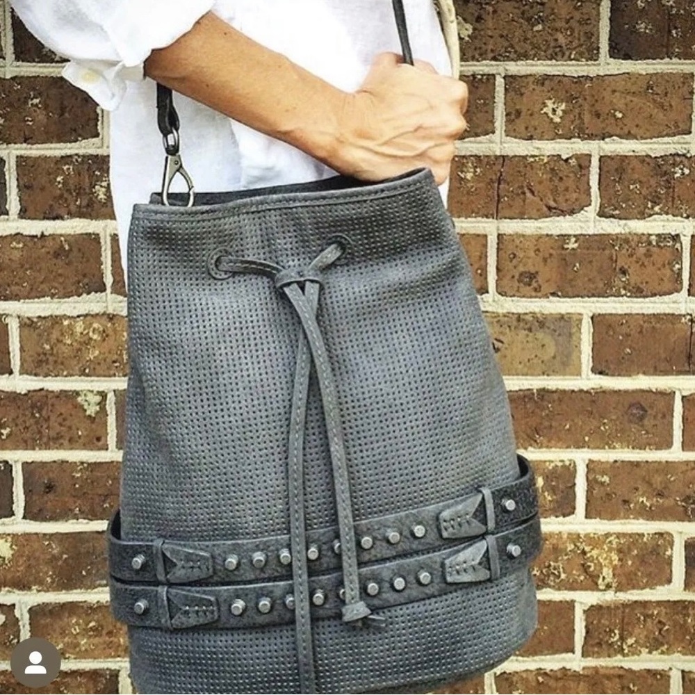She + Lo Aim High Leather Suede Grey Bucket Drawstring Shoulder Bag NWT